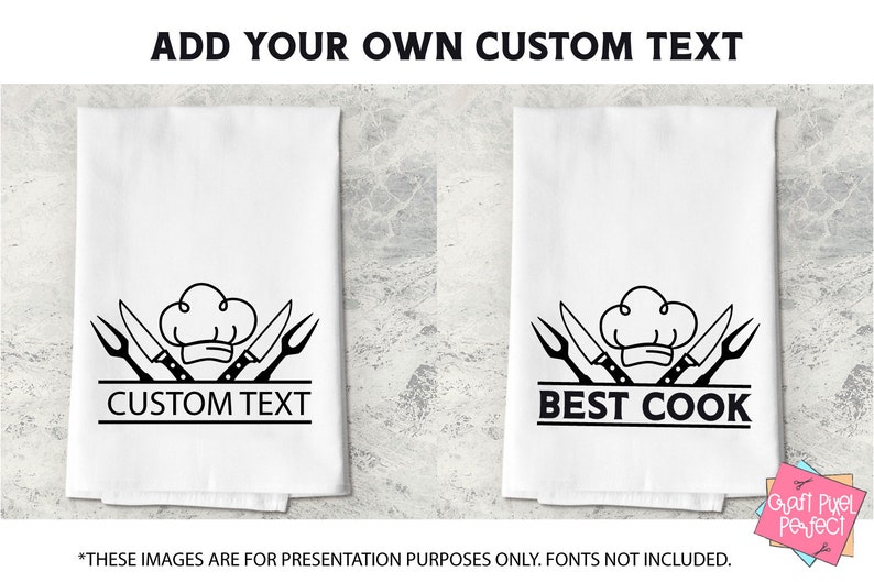 May include: Two white kitchen towels with black outlines of crossed chef's knives and a chef's hat. One towel says "CUSTOM TEXT" and the other says "BEST COOK".