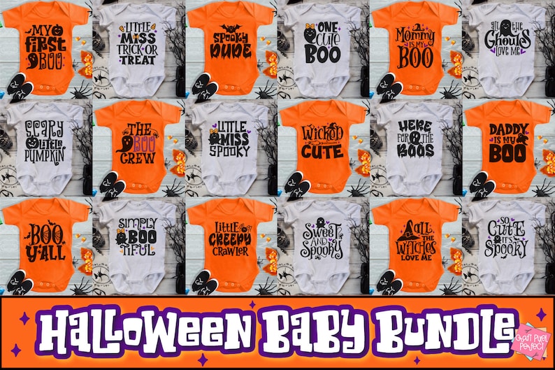 K&ouml;nnte beinhalten: Ein Set mit 16 Halloween-Babyshirts mit verschiedenen Designs und Spr&uuml;chen. Die Bodys sind in Orange, Wei&szlig; und Grau mit schwarzem Text. Der Text enth&auml;lt S&auml;tze wie "Mein erstes Boo", "Kleine Miss Spooky", "Mama ist mein Boo" und "Hier f&uuml;r die Boos".