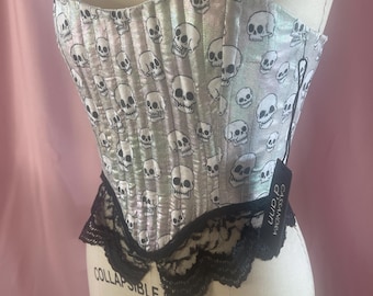 Iridescent Skull Corset: Gothic Lace Fringe, Adjustable Fit