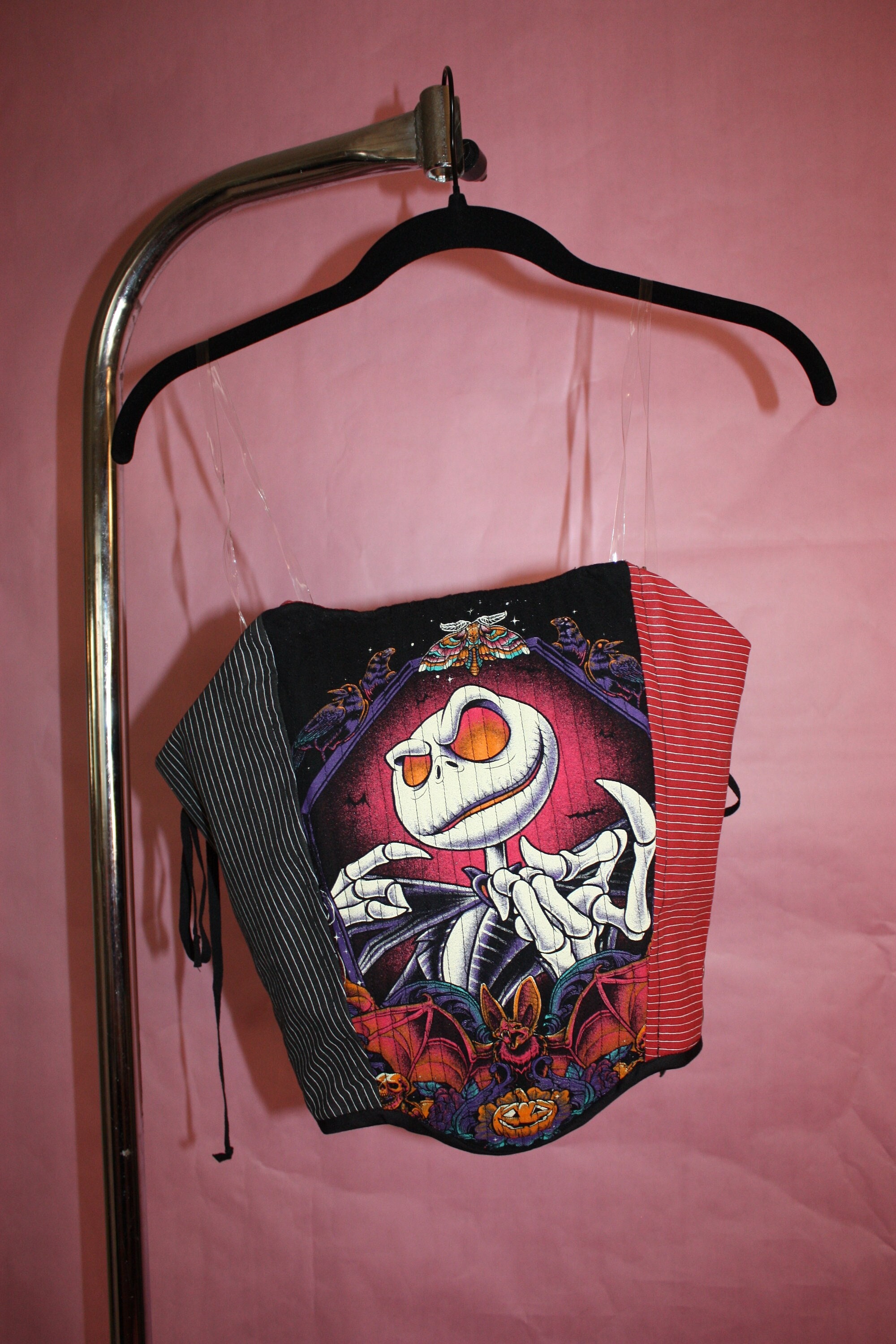 Handpainted Skellington Pinstripe Corset Upcycled Y2K Underbust 32 Striped Underbust Corset, Handmade Vintage Circus Style  main image 3