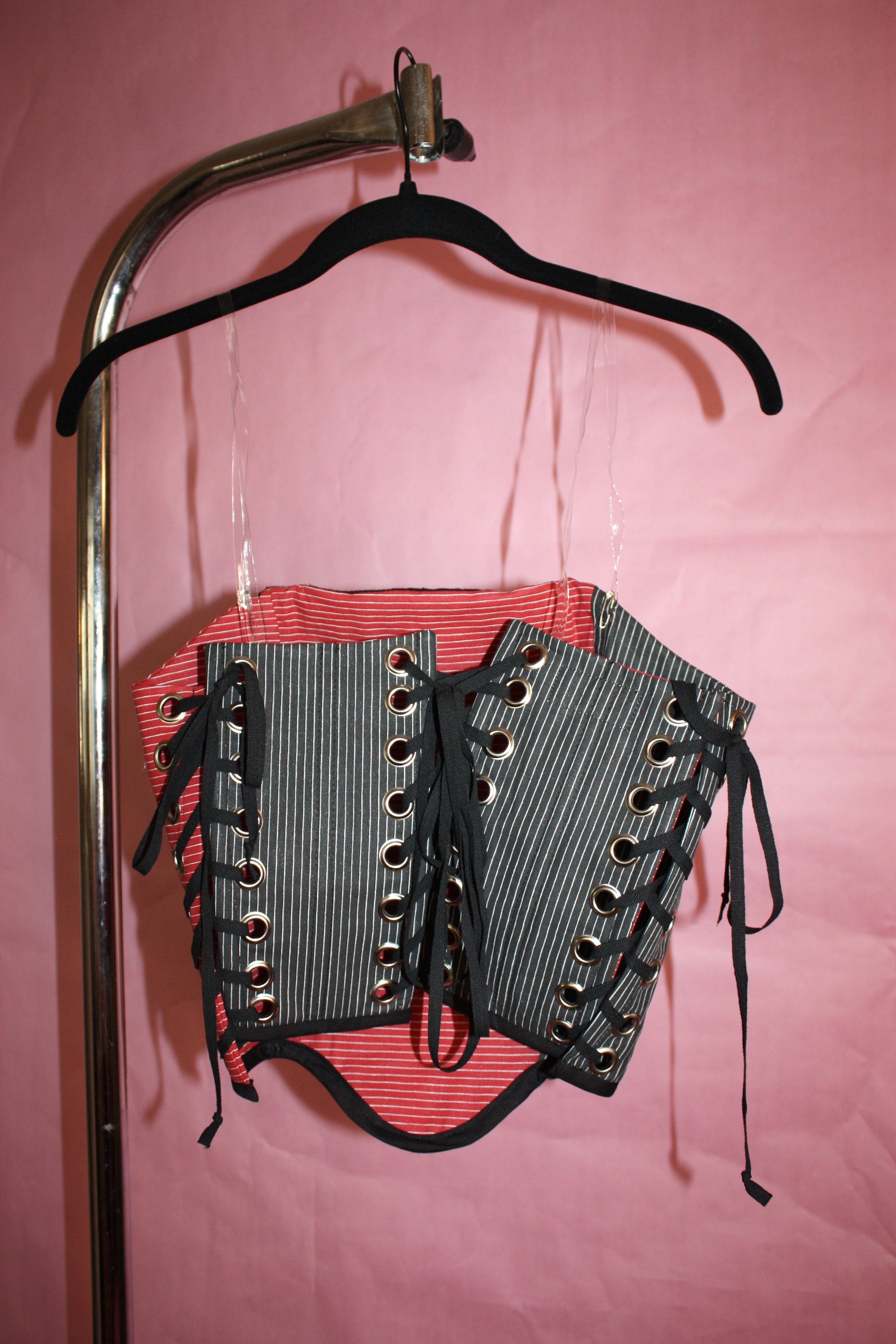 Handpainted Skellington Pinstripe Corset Upcycled Y2K Underbust 32 Striped Underbust Corset, Handmade Vintage Circus Style  main image 4