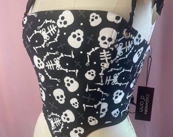Skeleton Print Upcycled Corset Top: Handmade Lace-Up Corset