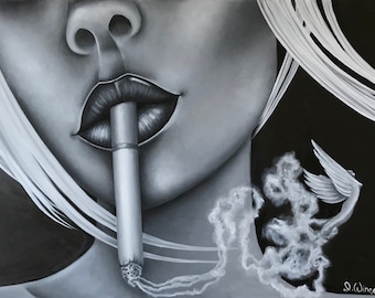 Puede incluir: Una pintura en blanco y negro de la cara de una mujer con un cigarrillo en la boca. El humo del cigarrillo forma la silueta de un pájaro con alas.