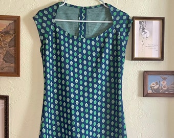 Blue/Green Polka Dot Print Handmade 60s/70s Polyester Dress (Medium/Large)