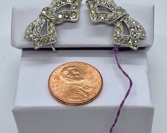 EISENBERG Vintage Bow-shaped Earrings, Clip-On Silver Tone Clear Rhinestone Bridal Costume Jewelry Mid-Century Style