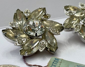 EISENBERG Vintage Earrings, New-Never Sold, Clip-On Silver Tone Clear Rhinestone Bridal Costume Jewelry Mid-Century Style 5333E