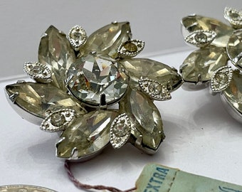 Eisenberg Vintage Rhinestone Clip On Earrings: 1940s Floral Costume Jewelry