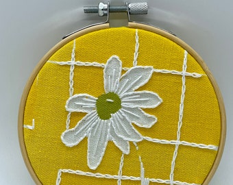 White Daisy on Bright Yellow... 4" Embroidery Hoop