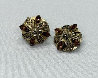 Vintage Whiting and Davis Clip-On Gold Tone Smoky Rhinestone and Filigree Earrings
