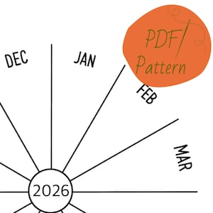 May include: A white graphic with a circular design featuring the year 2026 at the center, surrounded by lines pointing to months like Dec, Jan, Feb, and Mar. An orange blob with the text "PDF Pattern" is in the upper right.