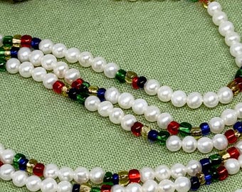 Freshwater Pearl Necklace: 14k Gold Clasp, Colorful Glass Beads