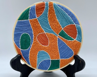 Abstract Embroidery Art 6" | Hand Embroidery Orange Blue Green
