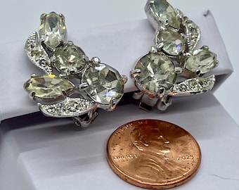 EISENBERG Vintage Earrings, Clip-On Silver Tone Clear Rhinestone Bridal Costume Jewelry Mid-Century, Art Deco