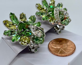 EISENBERG Vintage Earrings, Clip-On Silver Tone Green Rhinestone Bridal Costume Jewelry Mid-Century Style