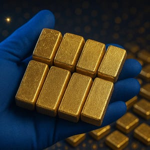 May include: A blue-gloved hand displays a selection of gold bars, with more gold bars in the background. The gold bars are rectangular and have a matte finish. The background is a dark colour, with a few bright spots.