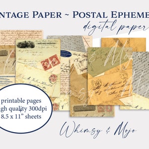 Vintage Junk Journal Efemere, Afdrukbaar papier, Plakboekpapier, Digitaal papier, Vintage Efemere Post, Postzegels Enveloppen