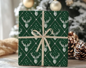 Deer Wrapping Paper, Christmas Gift Wrap Deer Head - Forest Green & White