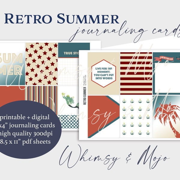 Retro Summer Journaling Cards, Printable Junk Journal, Scrapbook Paper, Pocket Cards for Project Life