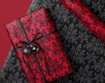 Gothic Gift Wrap, Black on Red Goth Wrapping Paper Christmas, Birthday, Halloween, Valentine's Day