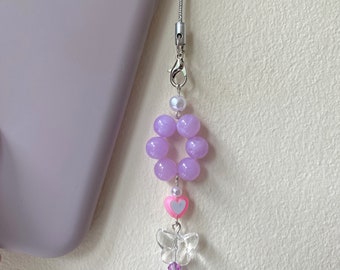 Purple Beaded Butterfly Phone Charm, Kawaii Phone Strap, Handmade Cute Keychain, y2k Mobile Phone Beaded Accessory, Gifts For Her