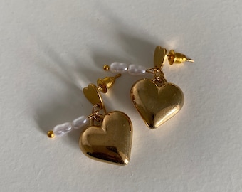 Minimalist Double Hearts Gold Dangle Earrings, Coquette Earrings, Pearl Earrings, Puffed Heart, Love Heart Earrings, Handmade Jewellery