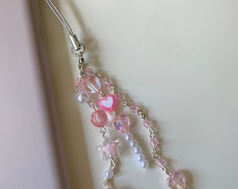 Handmade Pink Hearts and Pearls Phone charm, Kawaii Phone Strap, Cute Dangly Keychain, y2k Mobile Phone Beaded Accessory, Gifts For Her