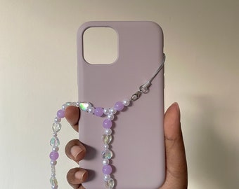 Handmade Purple Beaded Phone Strap, Iridescent Hearts Phone Charm, Cute Keychain, y2k Mobile Phone Accessory, Trendy Gifts For Her