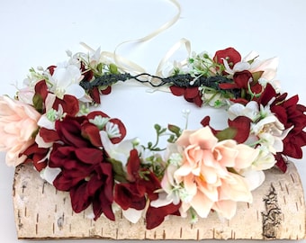 Artificial Flower Headpiece: Bridal Hair Wreath, Burgundy Peach Floral Crown