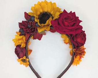 Elegante tocado estilo mexicano, halo de otoño, tiara de invierno, corona de Frida, fiesta, boho, accesorios para el cabello de mujer, corona del Día de Muertos, tiara roja de Kahlo