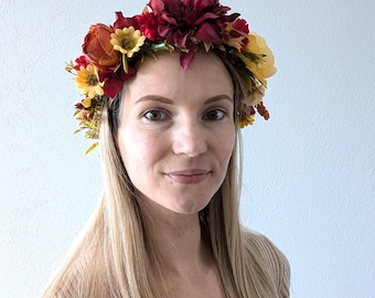 Autumn Flower Crown: Red Burgundy Floral Headpiece