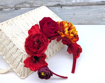 Elegante tocado estilo mexicano, halo de otoño, tiara de invierno, corona de Frida, fiesta, boho, accesorios para el cabello de mujer, corona del Día de Muertos, tiara roja de Kahlo