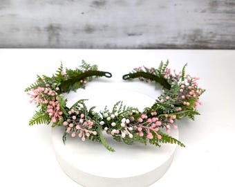 Woodland Bridal Crown: Pink Berries & Fern Headband