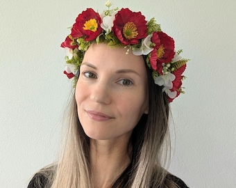 Tocado de flores blancas de amapola: Corona nupcial de verano y otoño