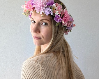 Pink Purple Floral Headpiece: Artificial Flower Crown, Bridal Hair Wreath