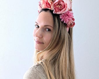 Tocado de flores tropicales: Corona Frida Kahlo, accesorios para el cabello de fiesta bohemia.