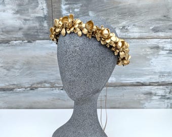 Golden Artificial Flower Crown: Bridal Gold Tiara, Rustic Autumn Headpiece