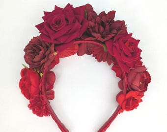 Elegante tocado estilo mexicano, halo de otoño, tiara de invierno, corona de Frida, fiesta, boho, accesorios para el cabello de mujer, corona del Día de Muertos, tiara roja de Kahlo