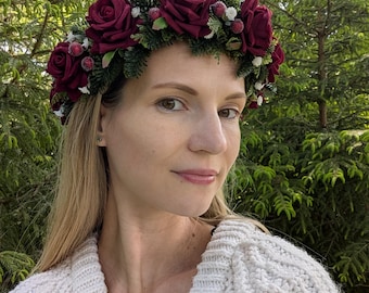 Red Rose Headband Crown, Woodland Gothic Bridal Faux Flower Wreath