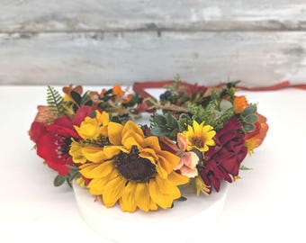 Autumn Flower Crown: Red Burgundy Sunflower Headpiece