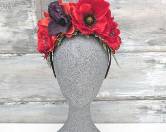 Elegant mexican style Headpiece Fall halo winter tiara Frida Haircrown Party Boho Woman Hair Accessories Day of Dead Kahlo Crown Red tiara