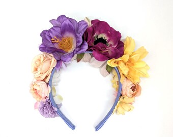 Tocado de flores tropicales: Corona Frida Kahlo, accesorios para el cabello de fiesta bohemia.