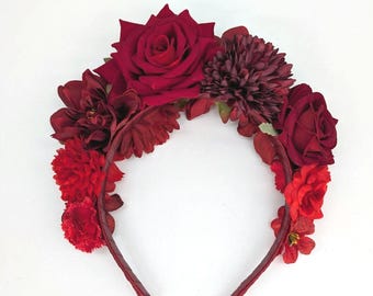 Elegante tocado estilo mexicano, halo de otoño, tiara de invierno, corona de Frida, fiesta, boho, accesorios para el cabello de mujer, corona del Día de Muertos, tiara roja de Kahlo