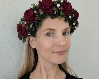 Red Rose Headband Crown, Woodland Gothic Bridal Faux Flower Wreath