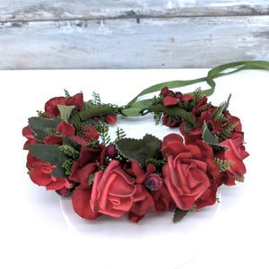Dark red artificial flowers and leaves headpiece Gothic hairwreath for bride Summer/ fall head crown Bridal headband Roses nad hortensia