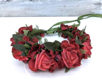 Dark Red Rose Headpiece: Gothic Bridal Hair Wreath