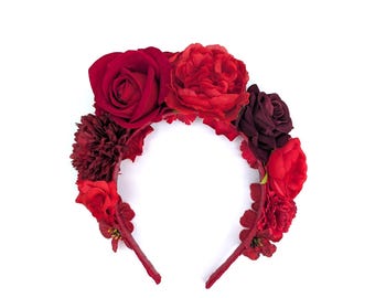 Elegante tocado estilo mexicano, halo de otoño, tiara de invierno, corona de Frida, fiesta, boho, accesorios para el cabello de mujer, corona del Día de Muertos, tiara roja de Kahlo