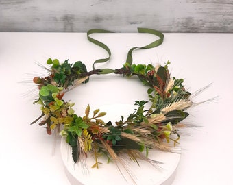 Wheat & Greenery Headpiece: Rustic Bridal Flower Crown