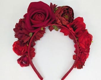 Elegante tocado estilo mexicano, halo de otoño, tiara de invierno, corona de Frida, fiesta, boho, accesorios para el cabello de mujer, corona del Día de Muertos, tiara roja de Kahlo