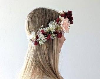 Diadema de flores artificiales: Corona nupcial, color burdeos y melocotón