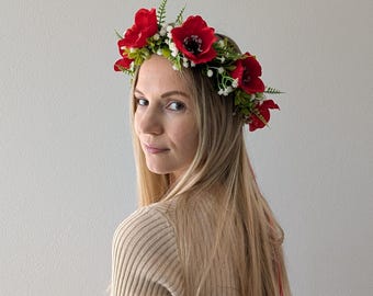 Poppy Head Wreath: Bridal Headband with White Flowers